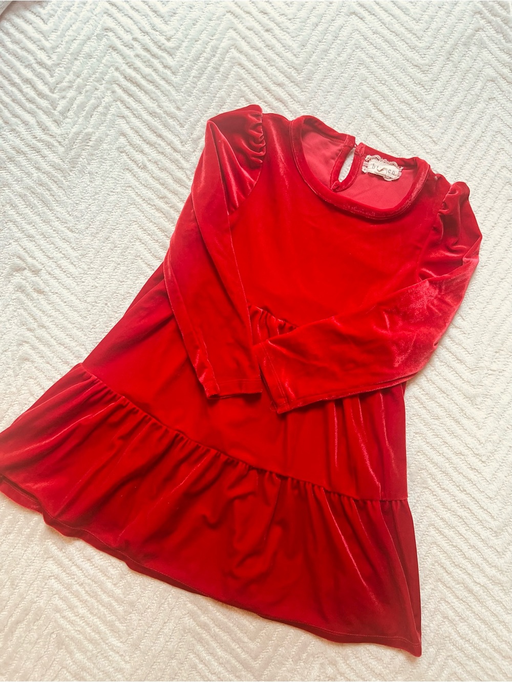 btween Red Velvet Long-Sleeve Ruffle Hem Dress
